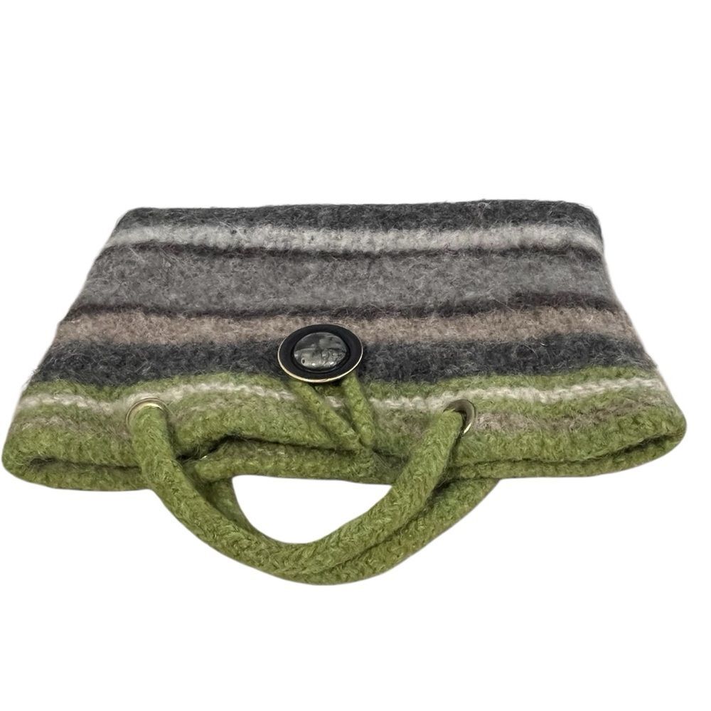 Green Striped Wool Bag Boho Furry Gray Brown Boho Twee Felted Purse Handbag - Picture 5 of 8